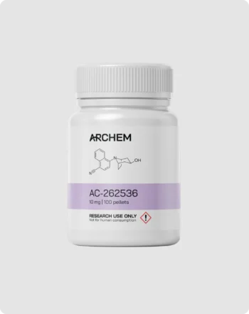 Max Muscle Labs Archem AC-262536 bottle, chemical structure shown, 10 mg dosage, labeled for research use only.