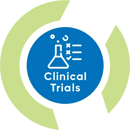 Clinical trials concept with lab flask icon on blue circle.