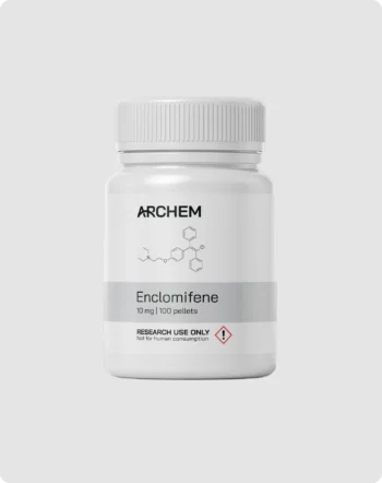 Max Muscle Labs Archem Enclomiphene bottle, chemical structure shown, 10 mg dosage, labeled for research use only.