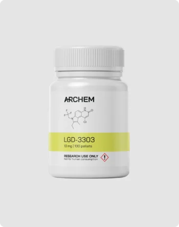 Max Muscle Labs Archem LGD-3303 bottle, chemical structure shown, 10 mg dosage, labeled for research use only.