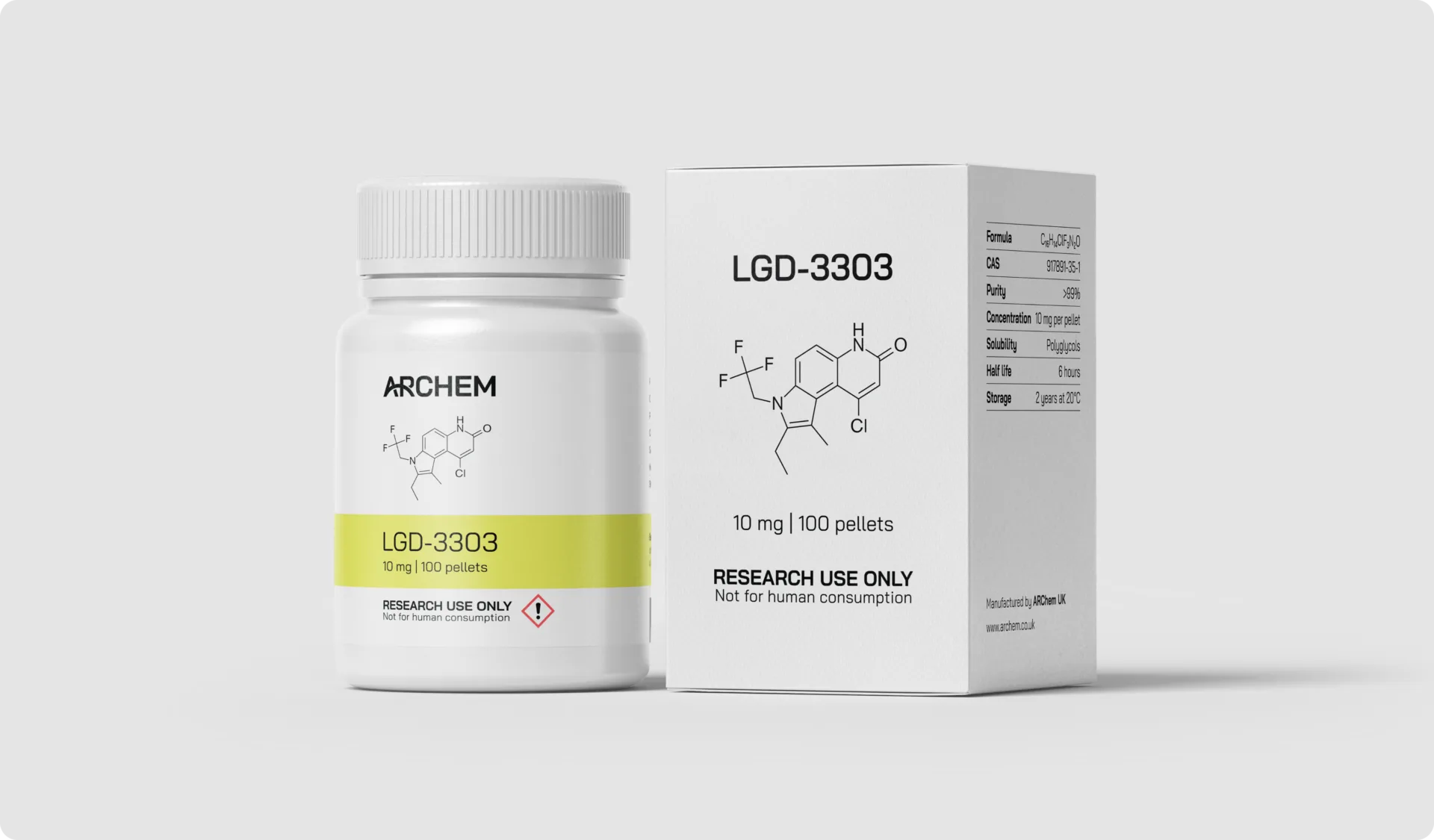 Max Muscle Labs Archem LGD-3303 bottle and packaging, chemical structure shown, 10 mg dosage, labeled for research use only.