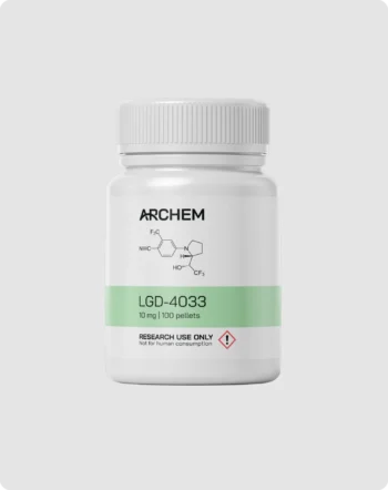 Max Muscle Labs Archem LGD-4033 bottle, chemical structure shown, 10 mg dosage, labeled for research use only.