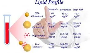 Lipid profile test tube with cholesterol levels categorized as desirable, borderline, and high risk, showing effect by ostarine and other sarms.