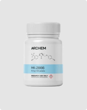 Max Muscle Labs Archem MK-2866 Ostarine bottle, chemical structure shown, 10 mg dosage, labeled for research use only.