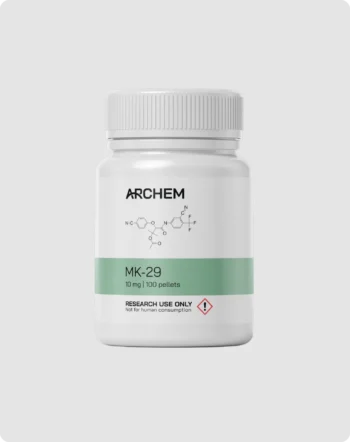 Max Muscle Labs Archem MK-29 bottle, chemical structure shown, 10 mg dosage, labeled for research use only.