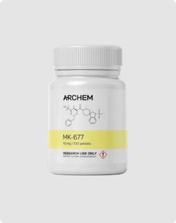 Max Muscle Labs Archem MK-677 Ibutamoren bottle, chemical structure shown, 10 mg dosage, labeled for research use only.
