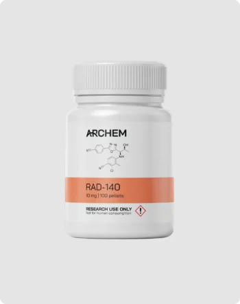 Max Muscle Labs Archem RAD-140 Testolone bottle, chemical structure shown, 10 mg dosage, labeled for research use only.