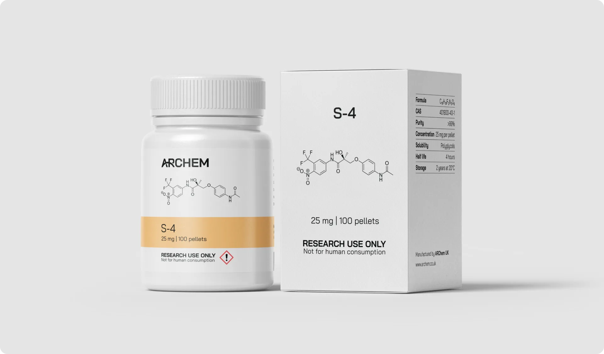 Max Muscle Labs Archem S-4 Andarine bottle and packaging, chemical structure shown, 10 mg dosage, labeled for research use only.