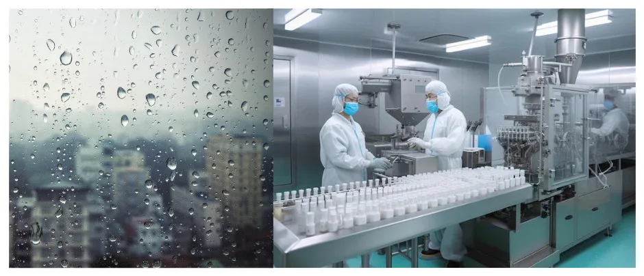 Pharmaceutical manufacturing process with two workers in sterile environment.