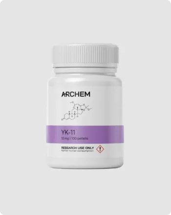 Max Muscle Labs Archem YK-11 Myostine bottle, chemical structure shown, 10 mg dosage, labeled for research use only.
