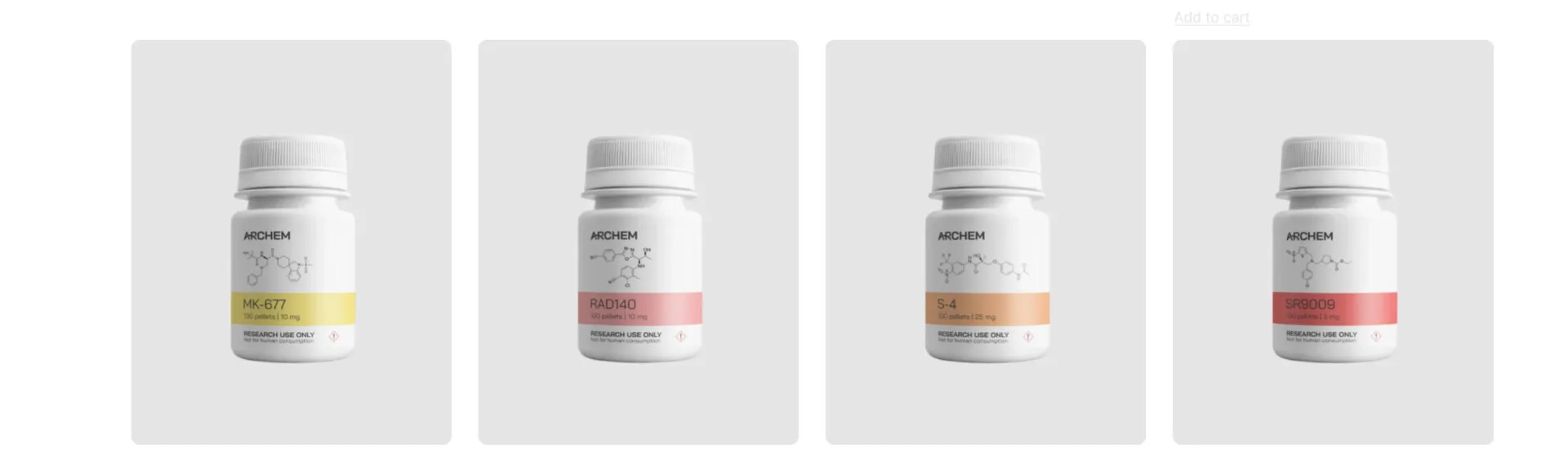 Max Muscle Labs Archem research bottles labeled MK-677, RAD140, S-4, SR9009, showcasing chemical compounds.