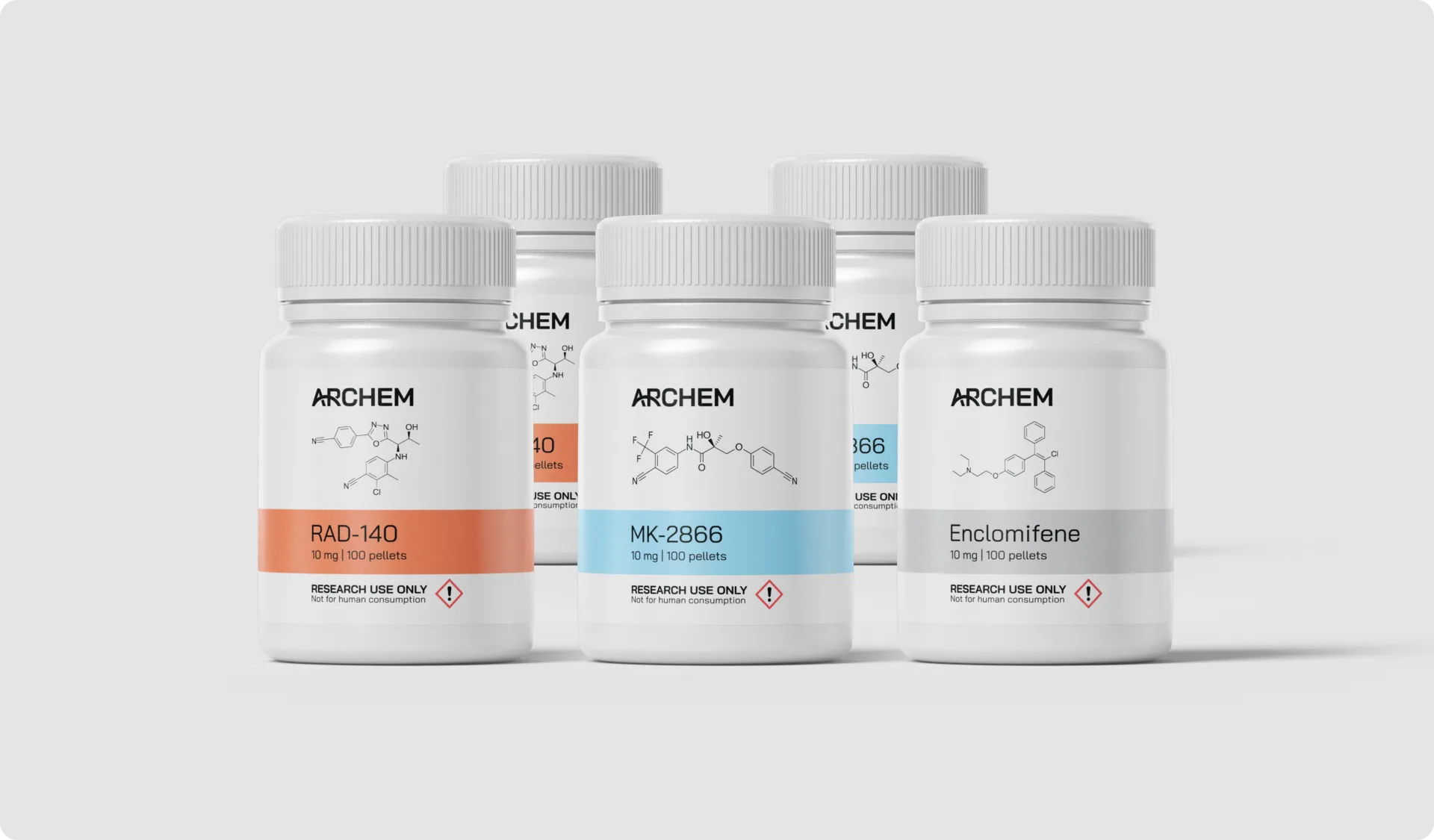 Five labeled research chemical bottles for analysis of RAD-140, MK-2866, and Enclomiphene.