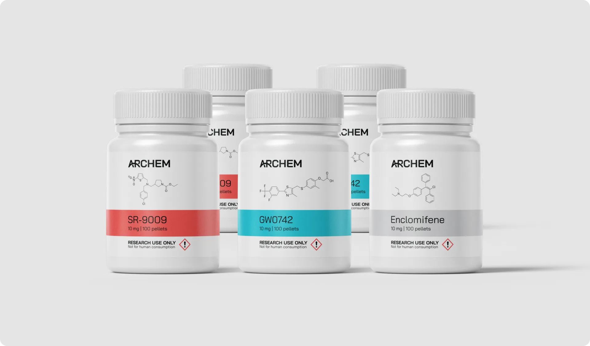 Research compound bottles: SR-9009, GW0742, Enclomiphene, used for scientific study, focus on chemical applications.
