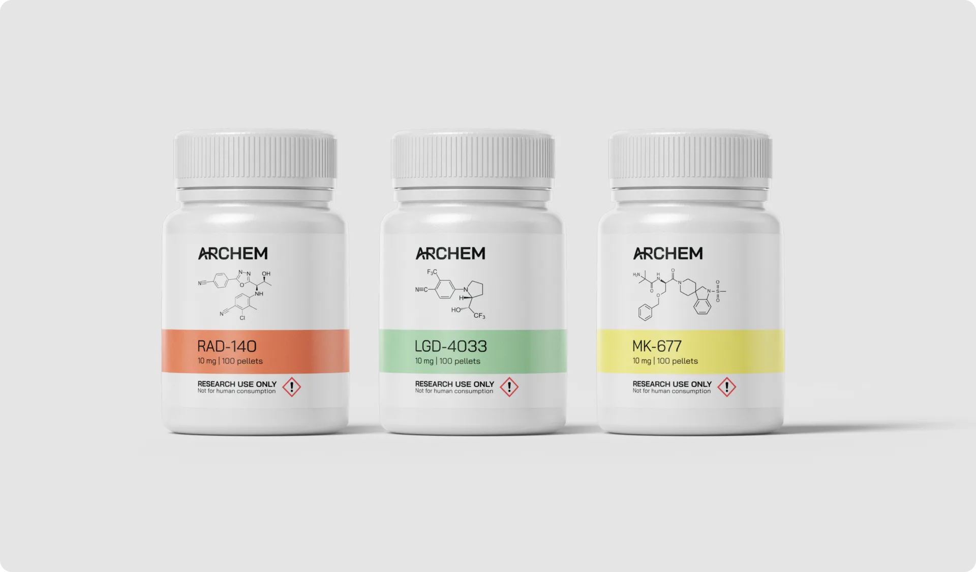 RAD-140, LGD-4033 and MK-677 research material containers, molecular structures shown on labels, research use only.