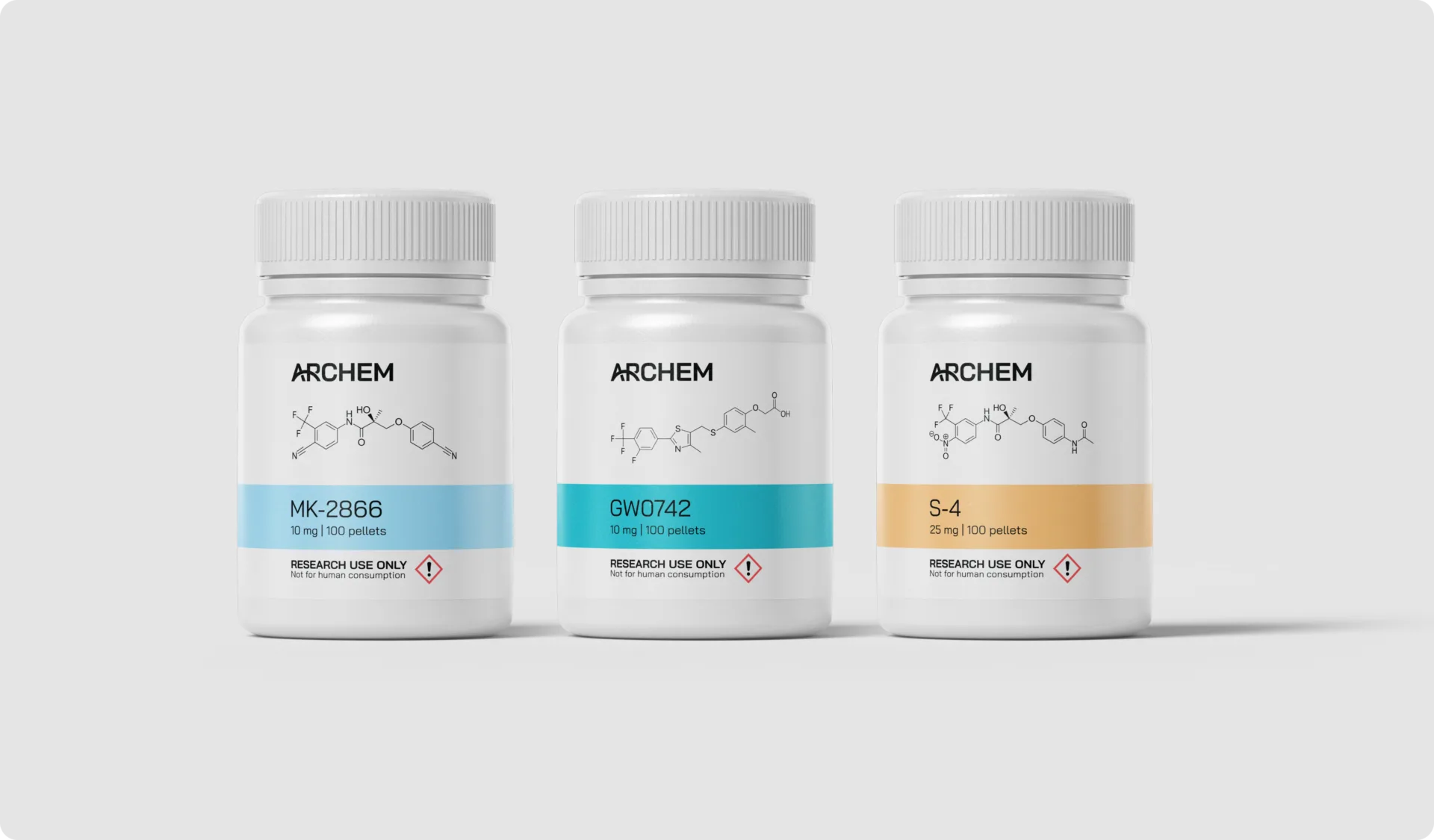 MK-2866, GW0742 and S-4 research materials in labeled containers, research use only.
