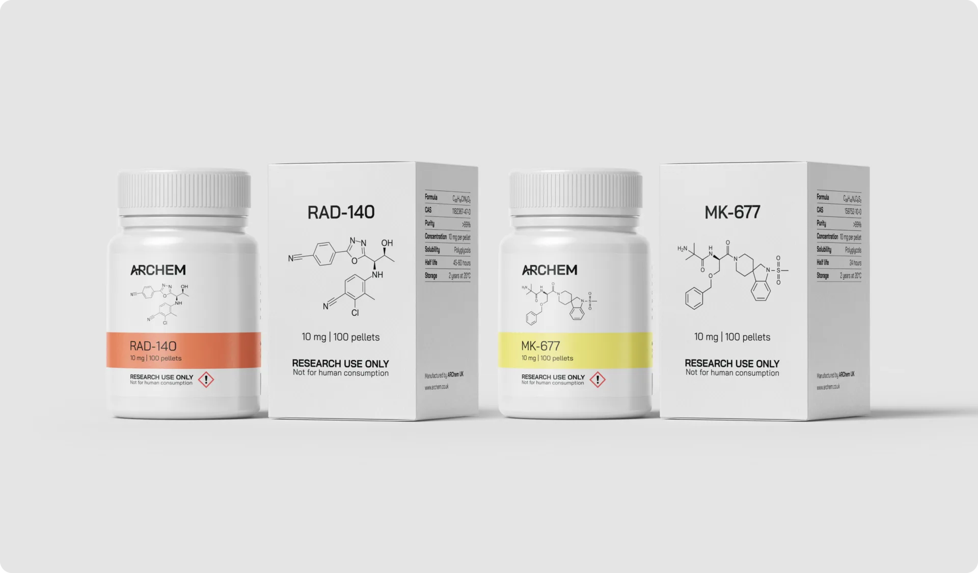 RAD-140 and MK-677 research material containers, research use only.