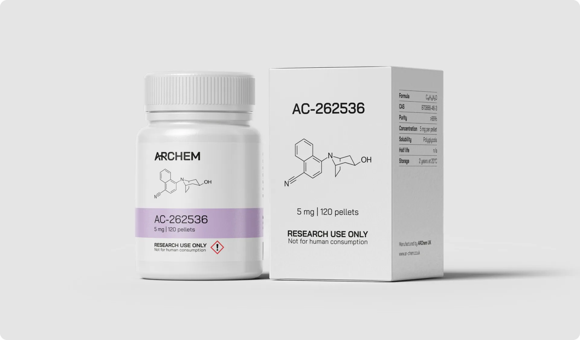 AC-262536 chemical packaging, research use only, molecular structure displayed.