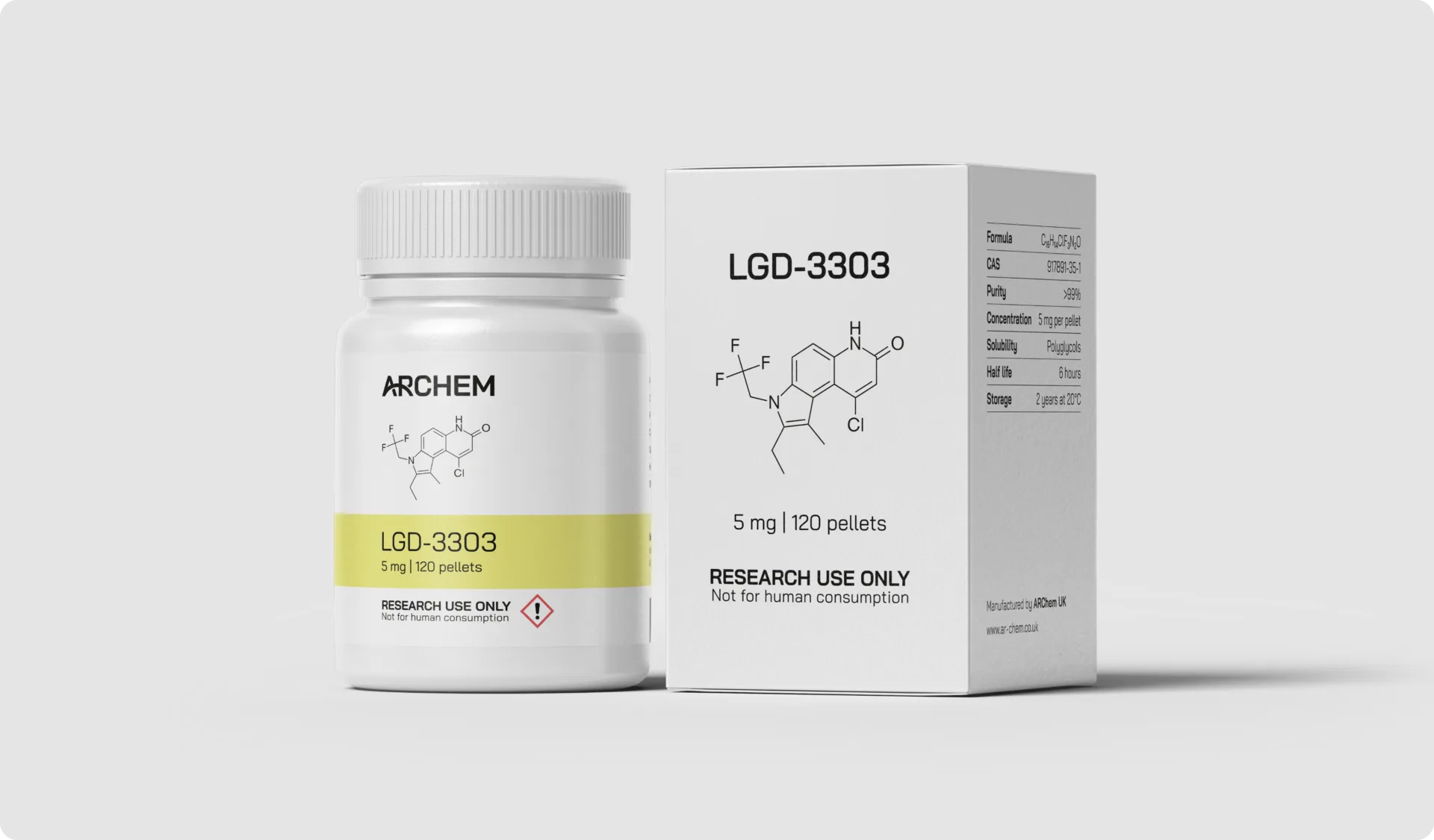 LGD-3303 container and box, chemical structure, 5 mg pellets, research use only, storage and purity info displayed.