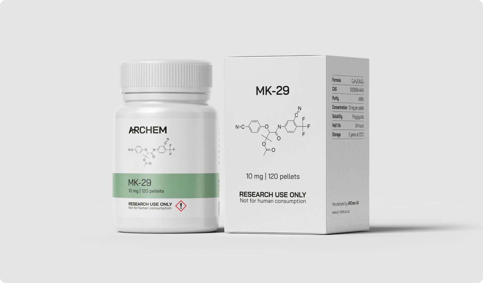 MK-29 chemical packaging with molecular structure, research use only.