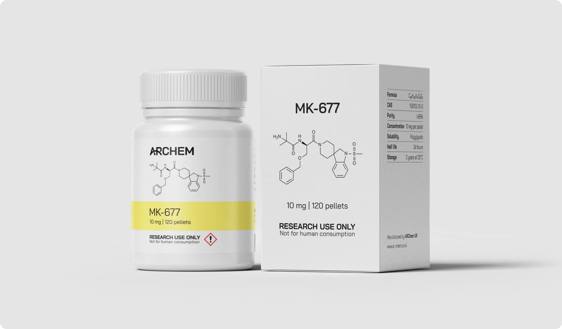 MK-677 chemical packaging, research use only, molecular structure displayed.