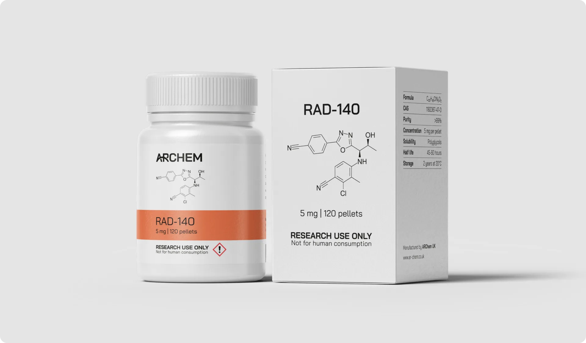 RAD-140 chemical packaging, research use only, molecular structure displayed.