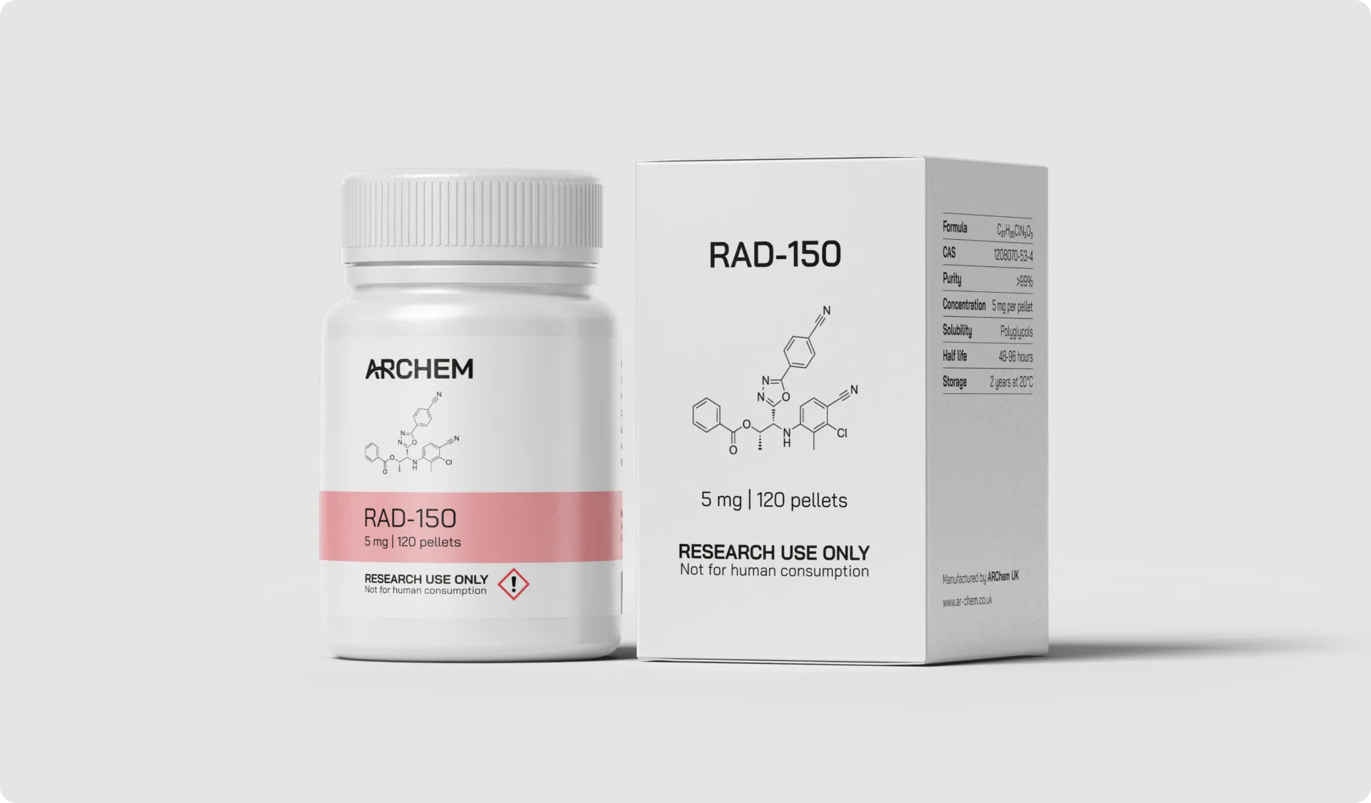 RAD-150 chemical packaging, labeled for research use only, molecular structure displayed.