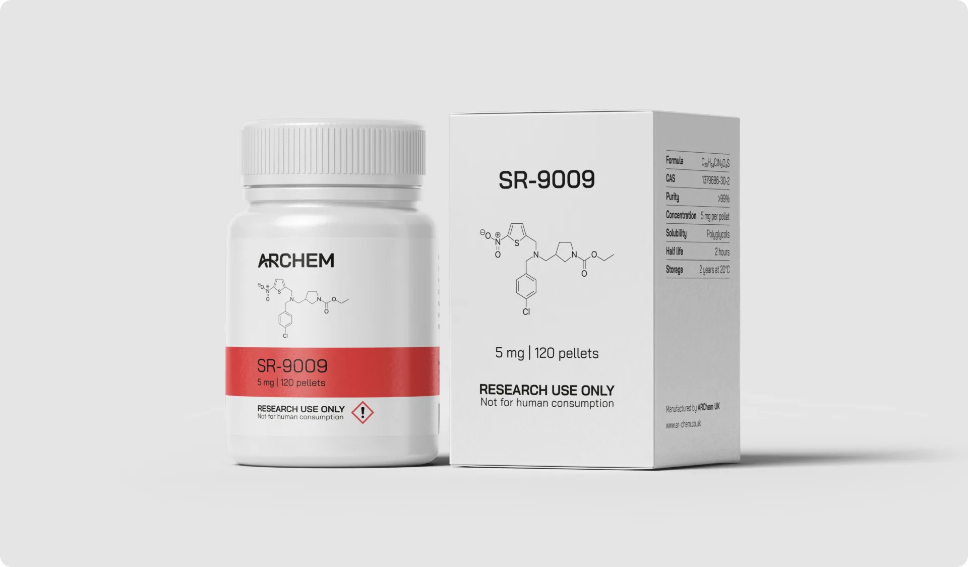 SR-9009 container and box, compound formula, usage details, 5 mg, 120 pellets, for research only.