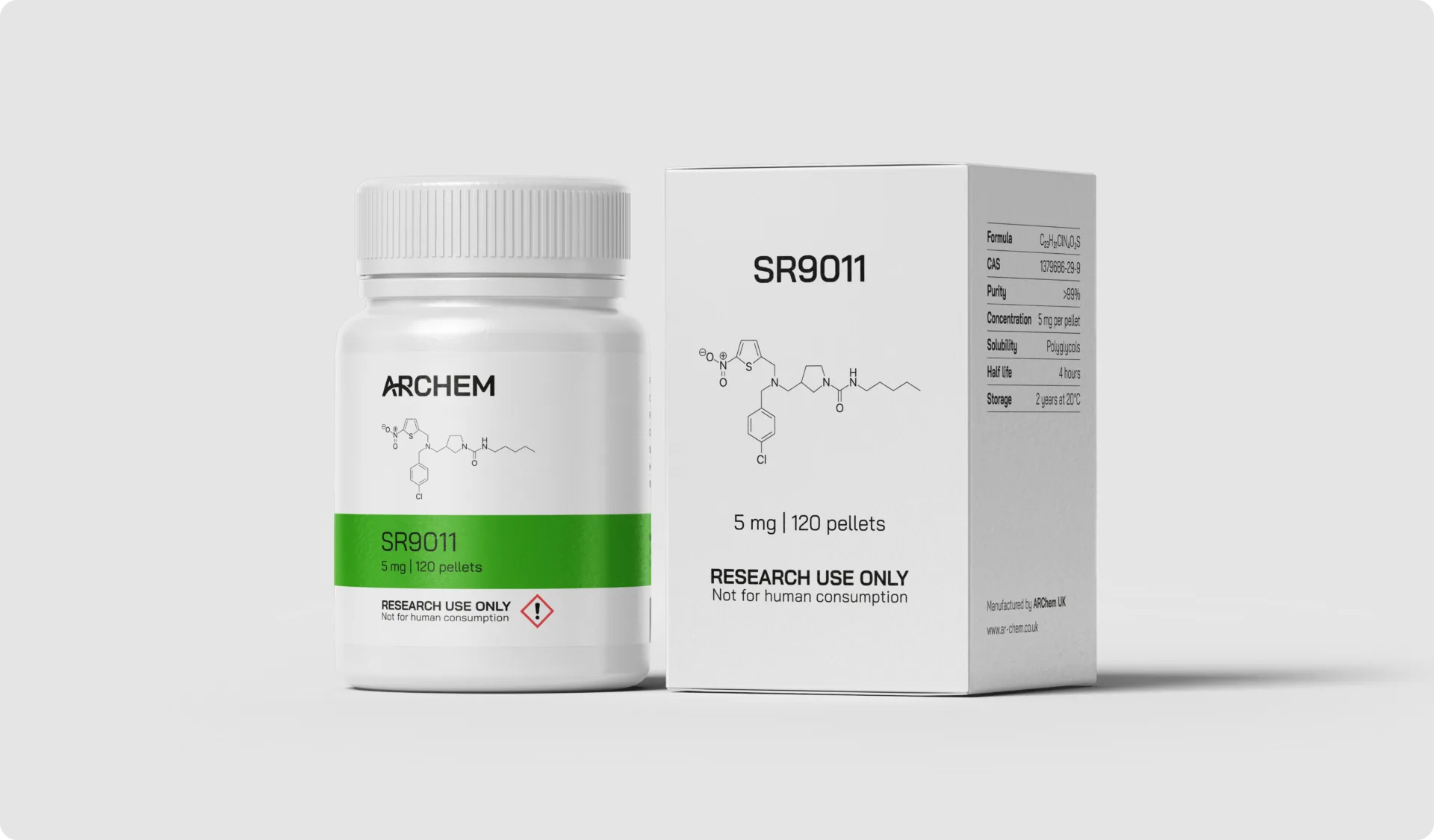 SR9011 chemical packaging for research, displays molecular structure, 5 mg concentration, not for human use.