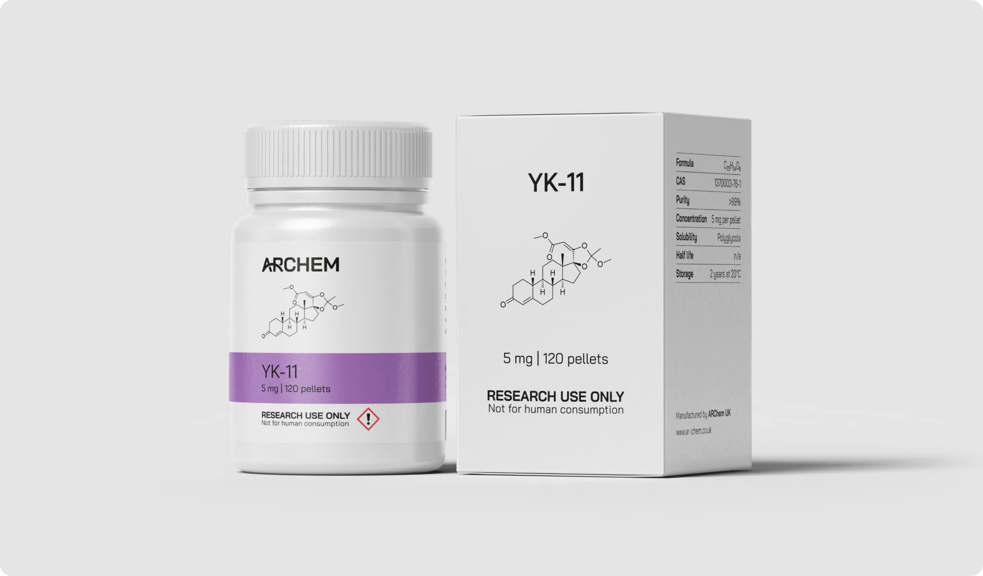 YK-11 chemical packaging, 5 mg, 120 pellets, research use only, molecular formula and hazard symbol visible.