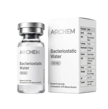 Bacteriostatic water vial and box, 10 mL, with details on composition and storage conditions.