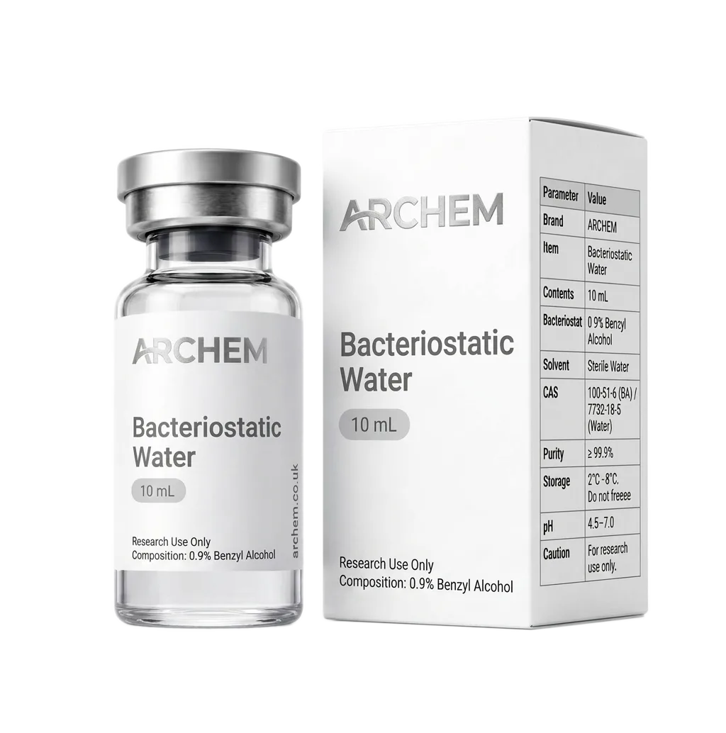 Bacteriostatic water vial and box, 10 mL, with details on composition and storage conditions.